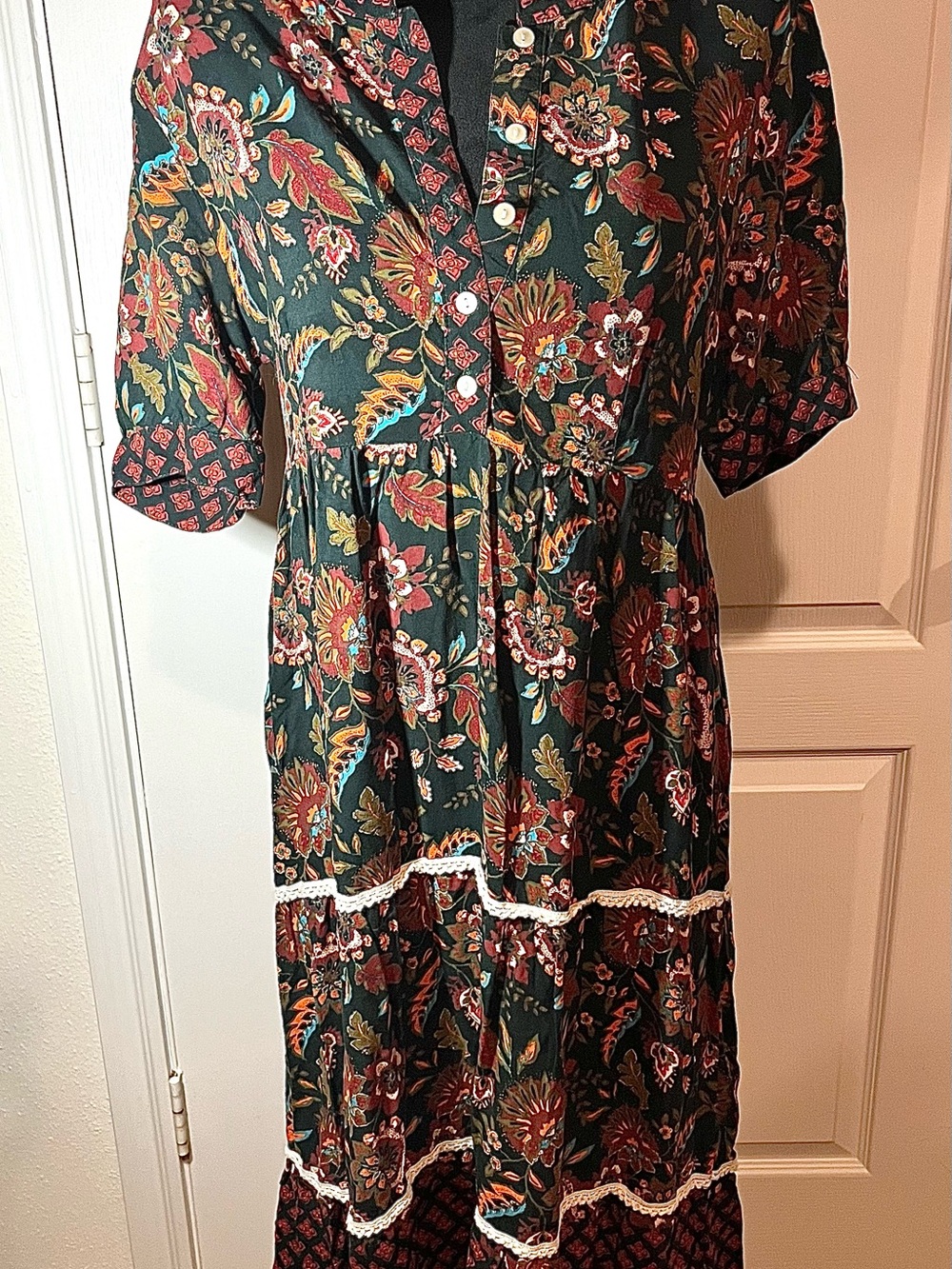 Boho Floral Button-Front Women’s Dress in Deep Green and Rust by Wrapper